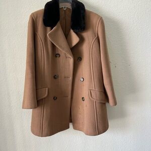 Elegant Tan Double-Breasted Coat with Black Collar